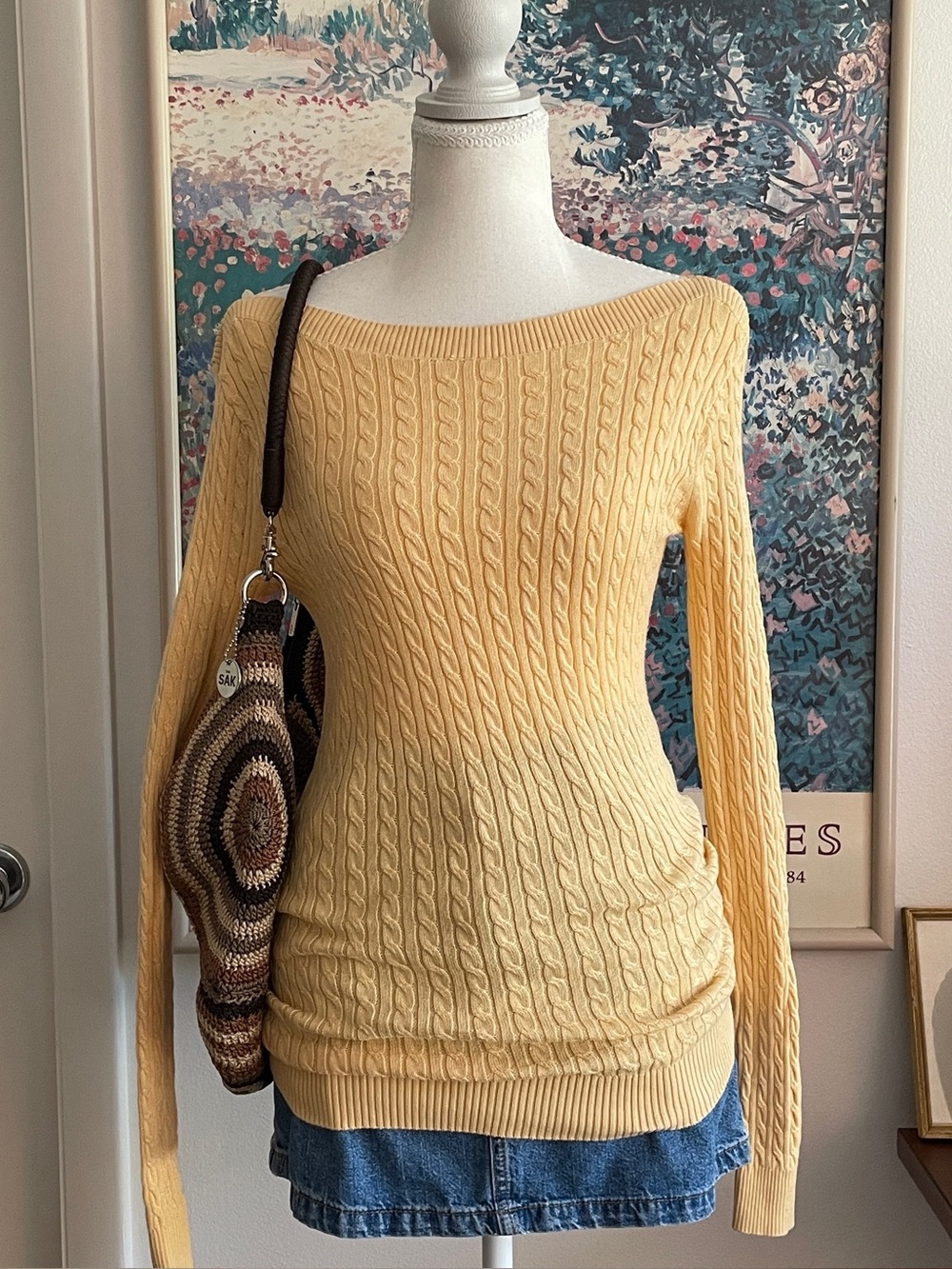 Y2K Cable Knit Boatneck Sweater Womens XS Butter Yellow Cotton Old Money